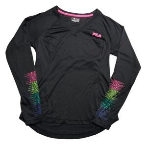 FILA Sport Womens Medium Black Long Sleeve Athletic Top V Neck Rainbow Sleeves